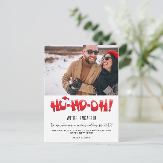 カップルの婚約した写真おもしろいのクリスマス シーズンポストカード (スタンド正面)