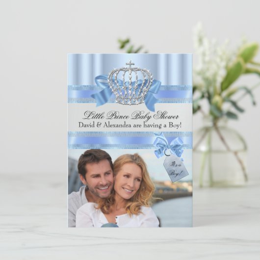 カップルの小さな王子の赤ちゃんシャワー少年の青い写真 招待状 (スタンド正面)