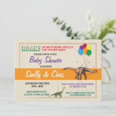 カップルの恐竜のベビーシャワーの男の子の女の子の双生児の招待 招待状 (スタンド正面)