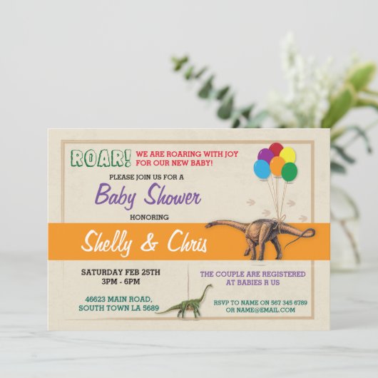 カップルの恐竜のベビーシャワーの男の子の女の子の双生児の招待 招待状 (スタンド正面)