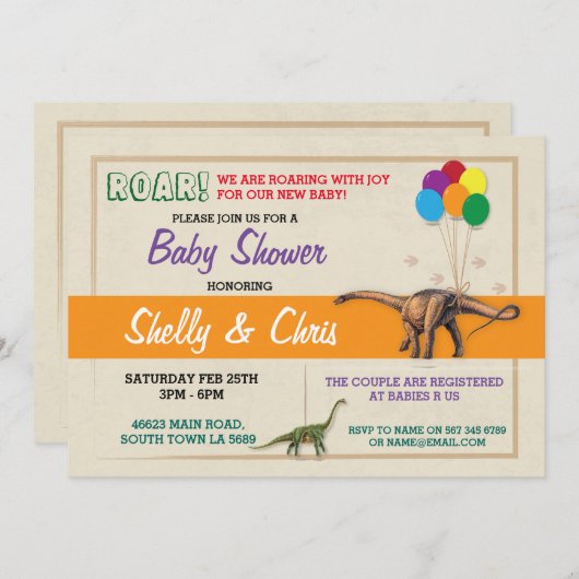 カップルの恐竜のベビーシャワーの男の子の女の子の双生児の招待 招待状 (正面/裏面)