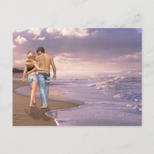 カップルの愛の歩くにビーチに夕日 ポストカード (正面)