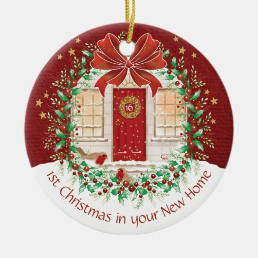 カップルの最初のクリスマスニューホーム、2つのロビン セラミックオーナメント (正面)