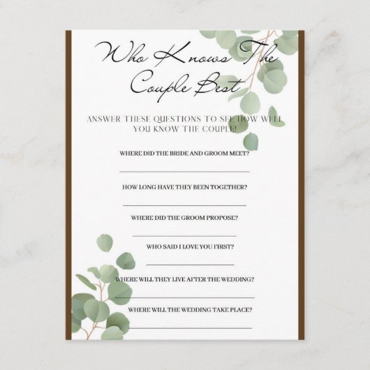 カップルの最高のブライダルシャワーゲーム エンクロージャーカード (正面)