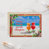 カップルの砂クリスマスカードに入る飲み物 カード (正面/裏面インサイチュ)