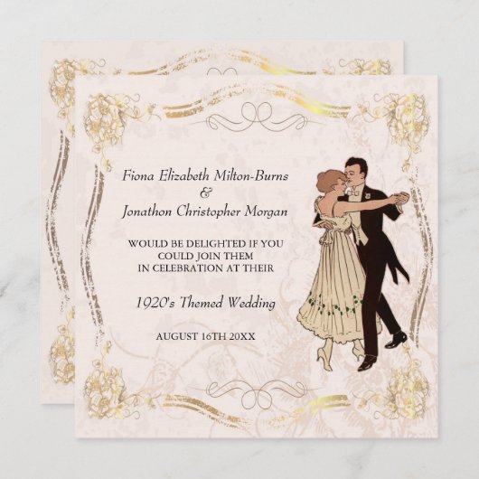 カップルの結婚式招待状を踊る20年代のヴィンテージ 招待状 (正面/裏面)
