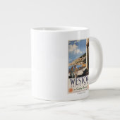 カップルの見落としの海岸の鉄道ポスター ジャンボコーヒーマグカップ (正面右)