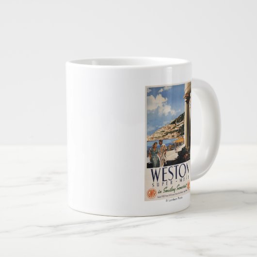 カップルの見落としの海岸の鉄道ポスター ジャンボコーヒーマグカップ (正面右)