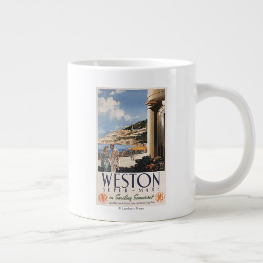 カップルの見落としの海岸の鉄道ポスター ジャンボコーヒーマグカップ (右)