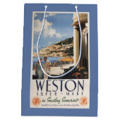 カップルの見落としの海岸の鉄道ポスター ミディアムペーパーバッグ (裏面)