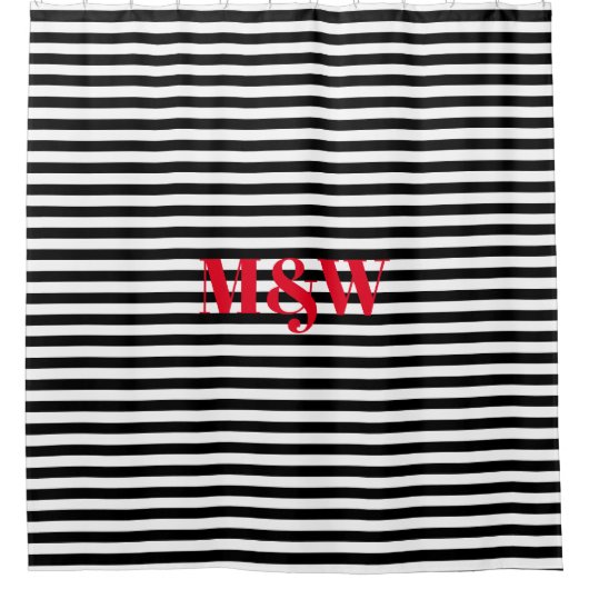 カップルの赤いイニシャルモノグラム白黒ストライプ シャワーカーテン (正面)