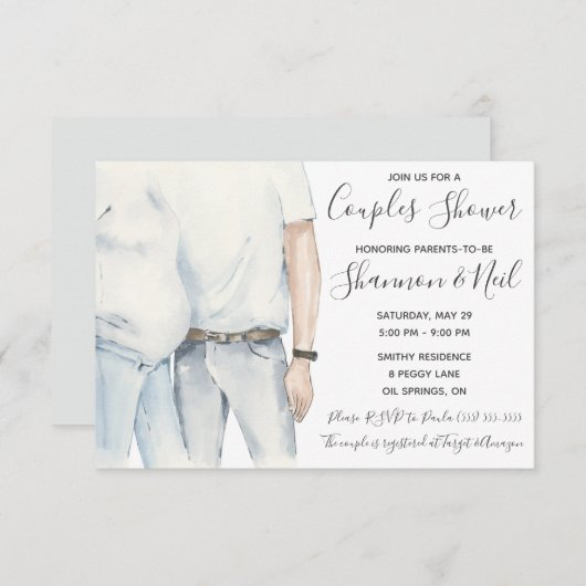 カップルの赤ちゃんシャワーになる水彩親 招待状 (正面/裏面)