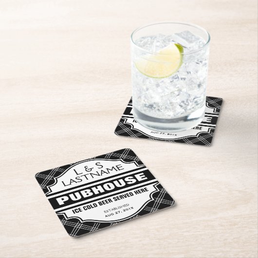 カップルのPubhouseカスタマイズビールここに スクエアペーパーコースター (インサイチュ)