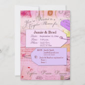 カップルはテーマピンクおよび紫色のシャワーの移動します 招待状 (正面)