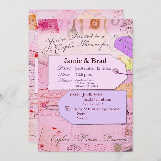 カップルはテーマピンクおよび紫色のシャワーの移動します 招待状 (正面/裏面)
