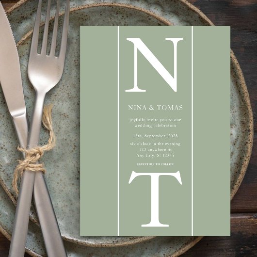 カップルイニシャル名入り◇清潔感溢れるサージェグリーンウェディング 招待状