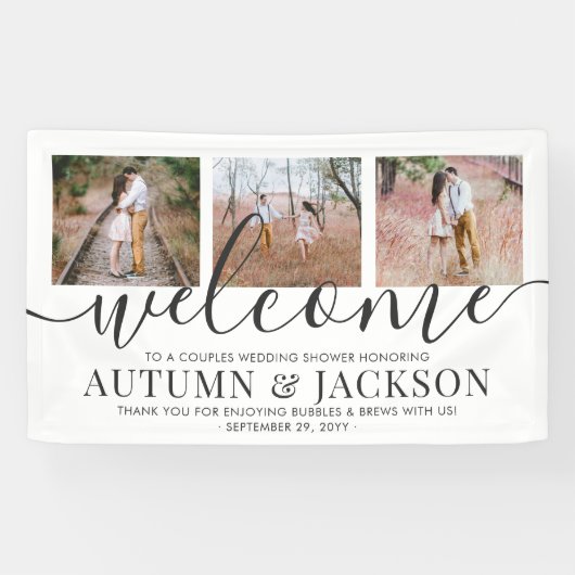 カップルウェディングシャワーエレガント3フォトウェルカム 横断幕 (横)