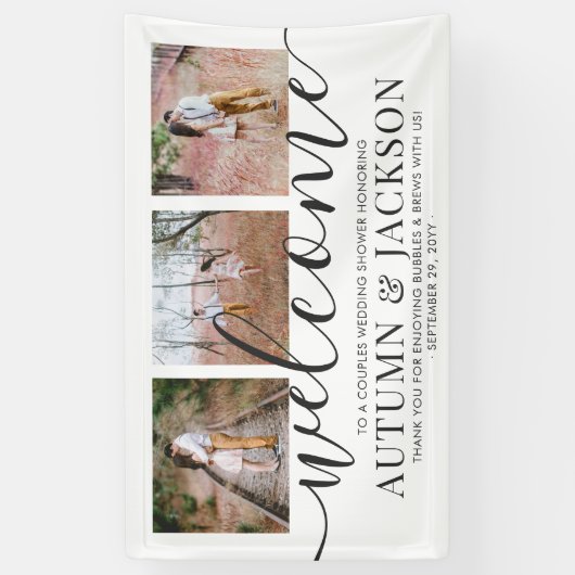 カップルウェディングシャワーエレガント3フォトウェルカム 横断幕 (縦)