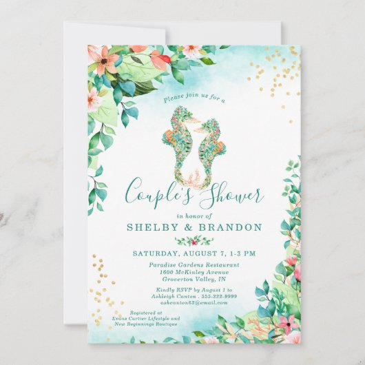 カップルウェディングシャワー熱帯フローラシーホース 招待状 (正面)