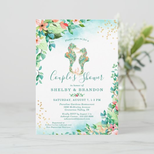 カップルウェディングシャワー熱帯フローラシーホース 招待状 (スタンド正面)