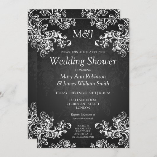 カップルエレガントシャワーヴィンテージが2つの黒に旋回 招待状 (正面/裏面)