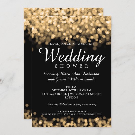 カップルエレガントシャワー金ゴールド灯 招待状 (正面/裏面)