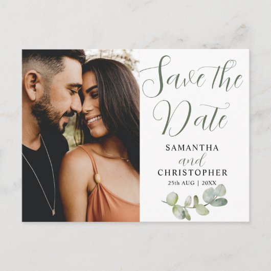 カップルエレガントフォトユーカリ日付を保存 案内ポストカード (正面)
