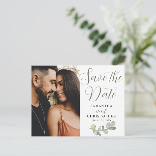 カップルエレガントフォトユーカリ日付を保存 案内ポストカード (スタンド正面)