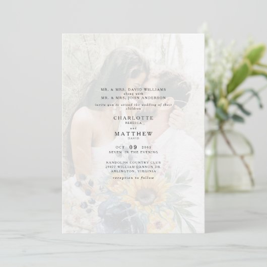 カップルエレガント写真ミュートひまわり両両親 招待状 (スタンド正面)