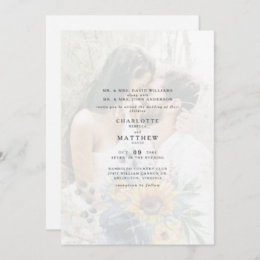 カップルエレガント写真ミュートひまわり両両親 招待状 (正面/裏面)