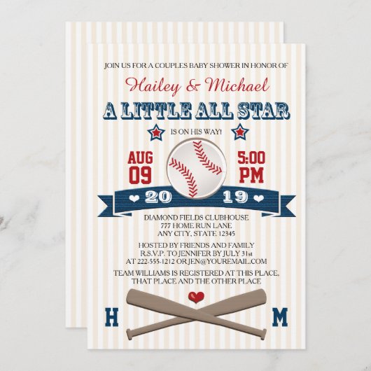 カップルオールスター野球赤ちゃんシャワー招待状 招待状 (正面/裏面)