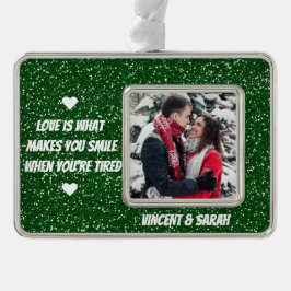 カップルカスタムの写真、名前と愛の引用文グリッター シルバープレートフレームオーナメント