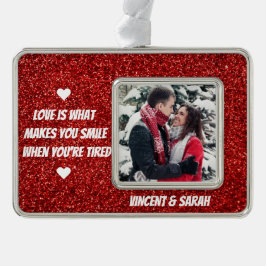 カップルカスタムの写真、名前と愛の引用文グリッター シルバープレートフレームオーナメント