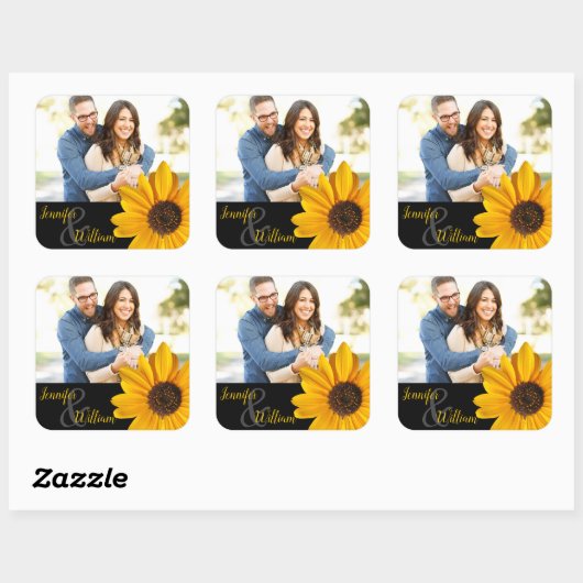 カップルカスタムの名前と写真が付いたひまわりラベル スクエアシール (シート)