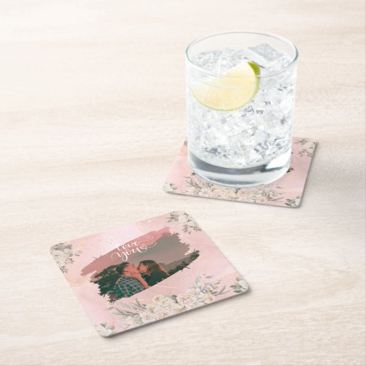 カップルカスタムピンクフローラかわいい愛あなた スクエアペーパーコースター (インサイチュ)