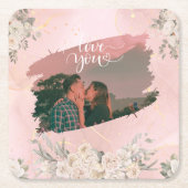 カップルカスタムピンクフローラかわいい愛あなた スクエアペーパーコースター (正面)