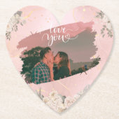 カップルカスタムピンクフローラかわいい愛あなた ペーパーコースター (正面)