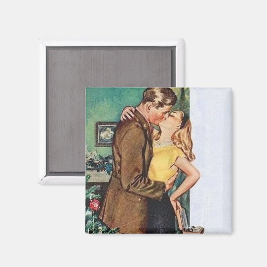 カップルキスをするのクリスマスヴィンテージ マグネット (正面/裏面)