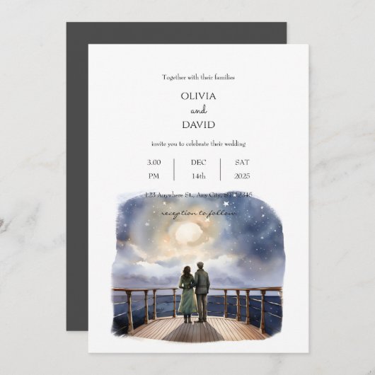 カップルクルーズシップスターリーナイトスカイビーチ結婚式 招待状 (正面/裏面)