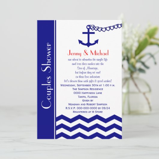 カップルコードウェディングシャワー招待状ネイビーブルー 招待状 (スタンド正面)