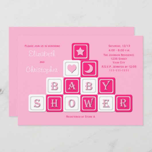 カップルコードベビーシャワー招待状ピンクブロック 招待状 (正面/裏面)