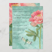 カップルシャワーかわいらし牡丹フラワーズンドラゴンフライ 招待状 (正面/裏面)