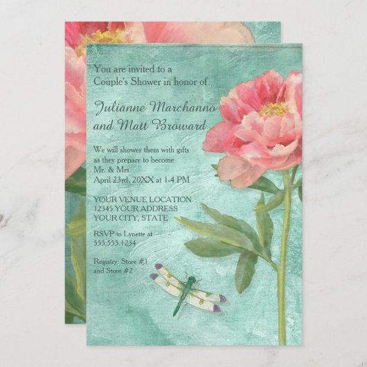 カップルシャワーかわいらし牡丹フラワーズンドラゴンフライ 招待状 (正面/裏面)