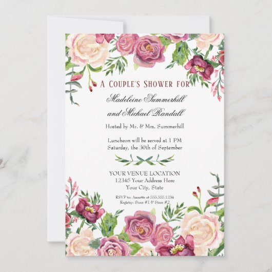 カップルシャワーウォーターカラーバーガンディフローラバラ 招待状 (正面)