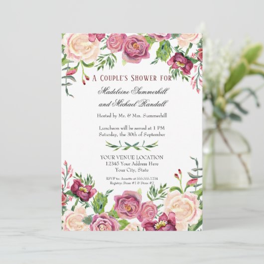 カップルシャワーウォーターカラーバーガンディフローラバラ 招待状 (スタンド正面)