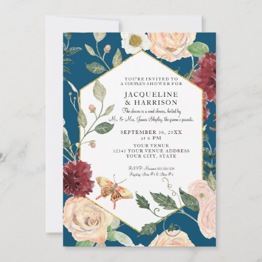 カップルシャワーウォーターカラーピーコックブルーバラフローラ 招待状 (正面)