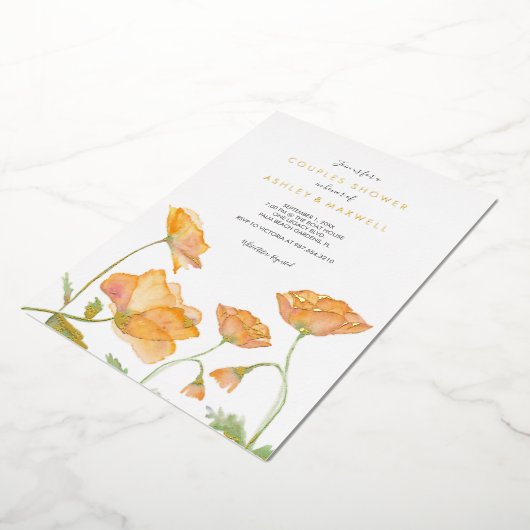 カップルシャワーオレンジフローラウォーターカラーポピー 箔招待状 (回転した状態)