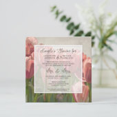 カップルシャワーコーラルチューリップフローラ結婚木製 招待状 (スタンド正面)