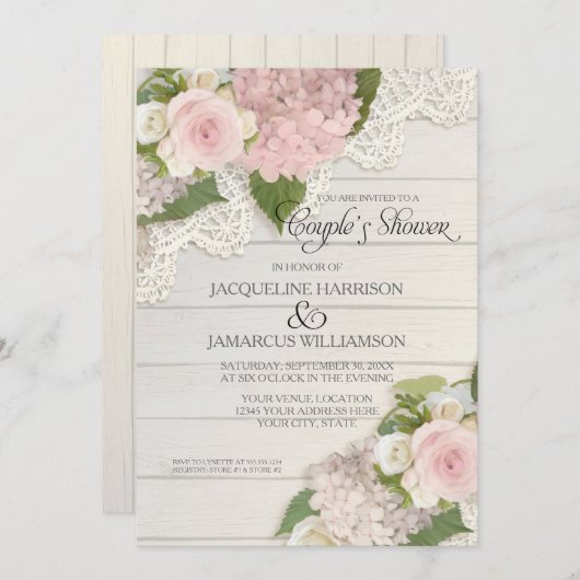 カップルシャワースクリプトタイポグラフィピンクアジサイ 招待状 (正面/裏面)