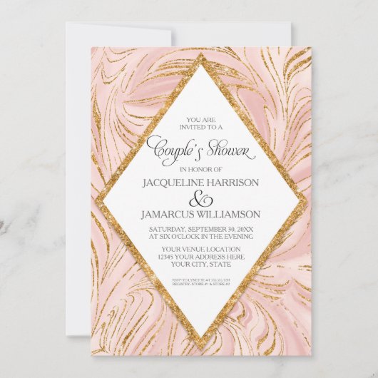 カップルシャワーバラ金ゴールドフェイクグリッター大理石赤面 招待状 (正面)